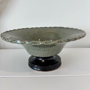 Vintage Chinese style Celadon crackle ceramic bowl pedestal gilded horses green